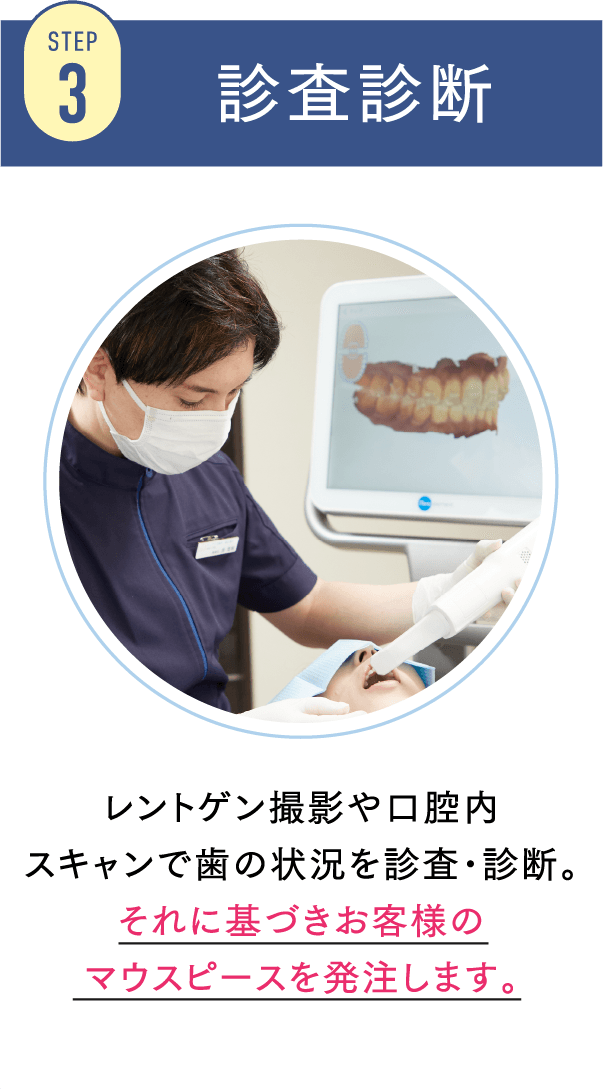 STEP3 診査診断 レントゲン撮影や口腔内スキャンで歯の状況を診査･診断。それに基づきお客様のマウスピースを発注します。