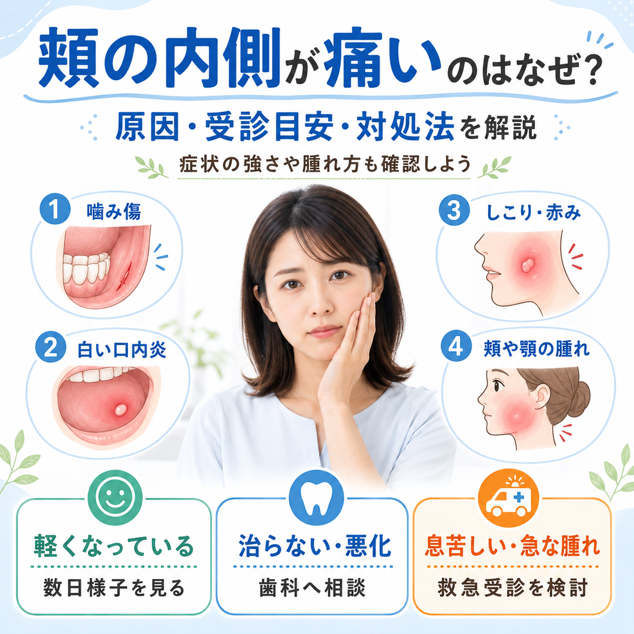 頬の内側が痛いのはなぜ？原因・受診目安・対処法と何科に行くかを解説